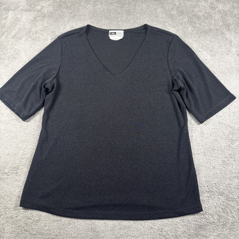 I.N. Studio Women's V-Neck Sheer Short Sleeve Blouse Black Size Large